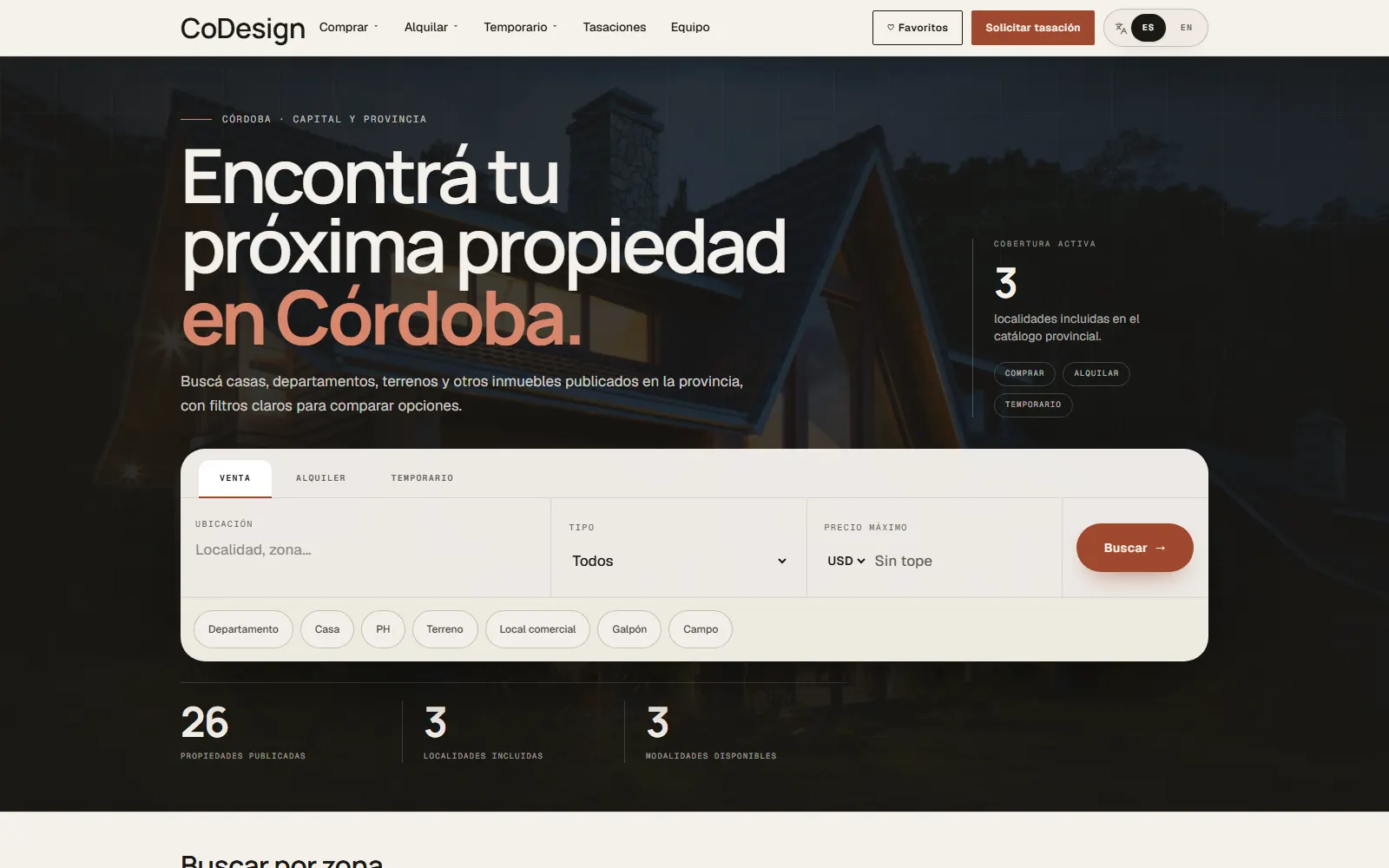CoDesign homepage: the property search for sale, rent and short stays over a photo of a house at night.