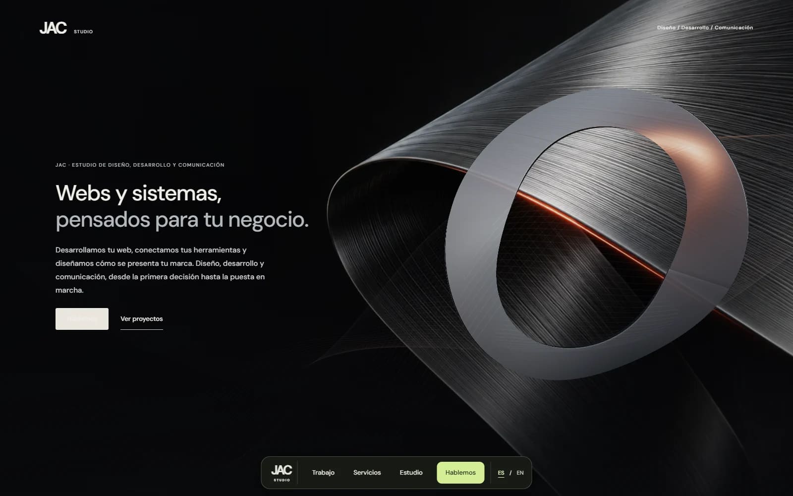 JAC Studio homepage with a metallic ring on a dark background.