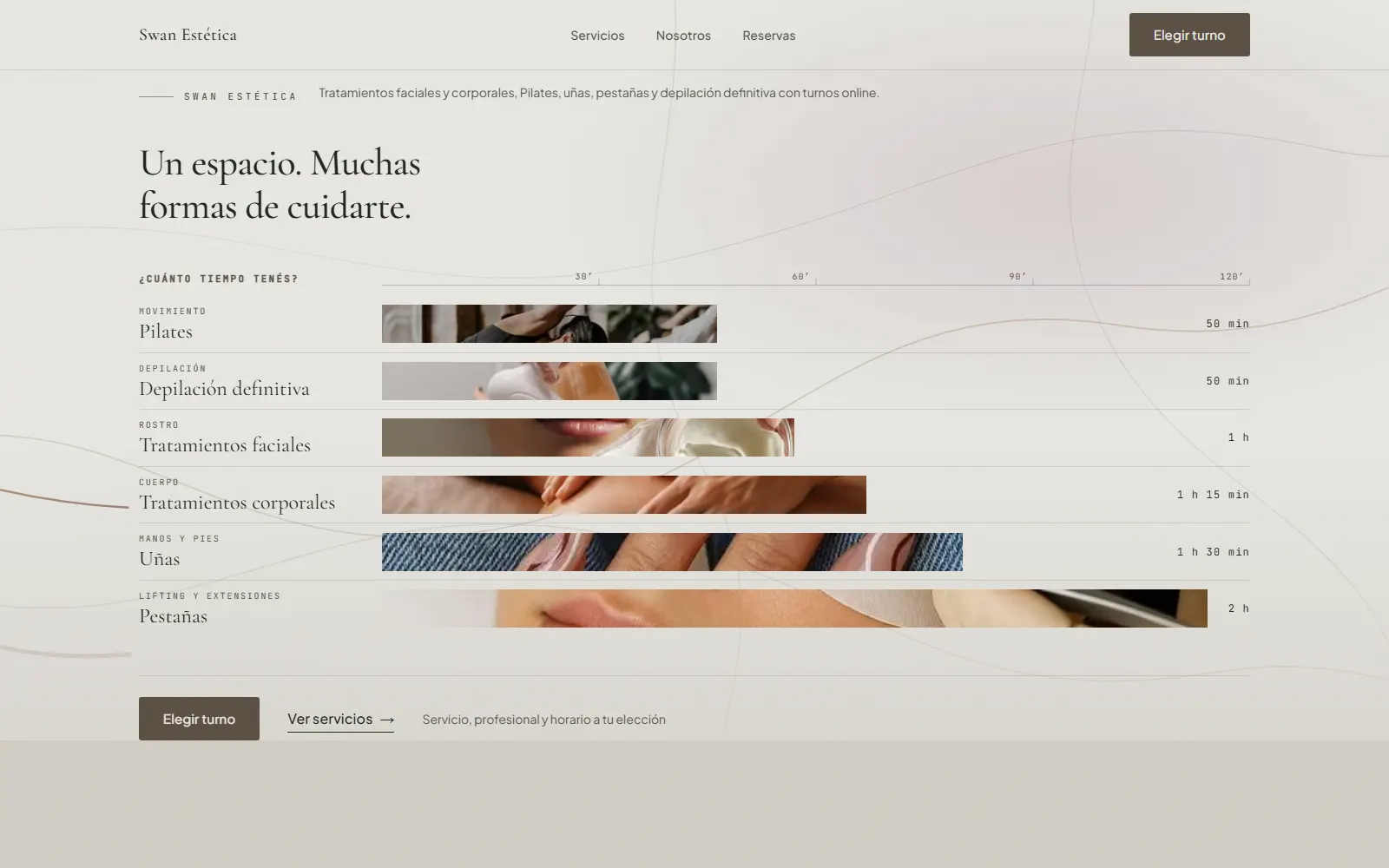 Swan Estética homepage: each service appears as a bar sized by how long it takes, with the button to book an appointment.