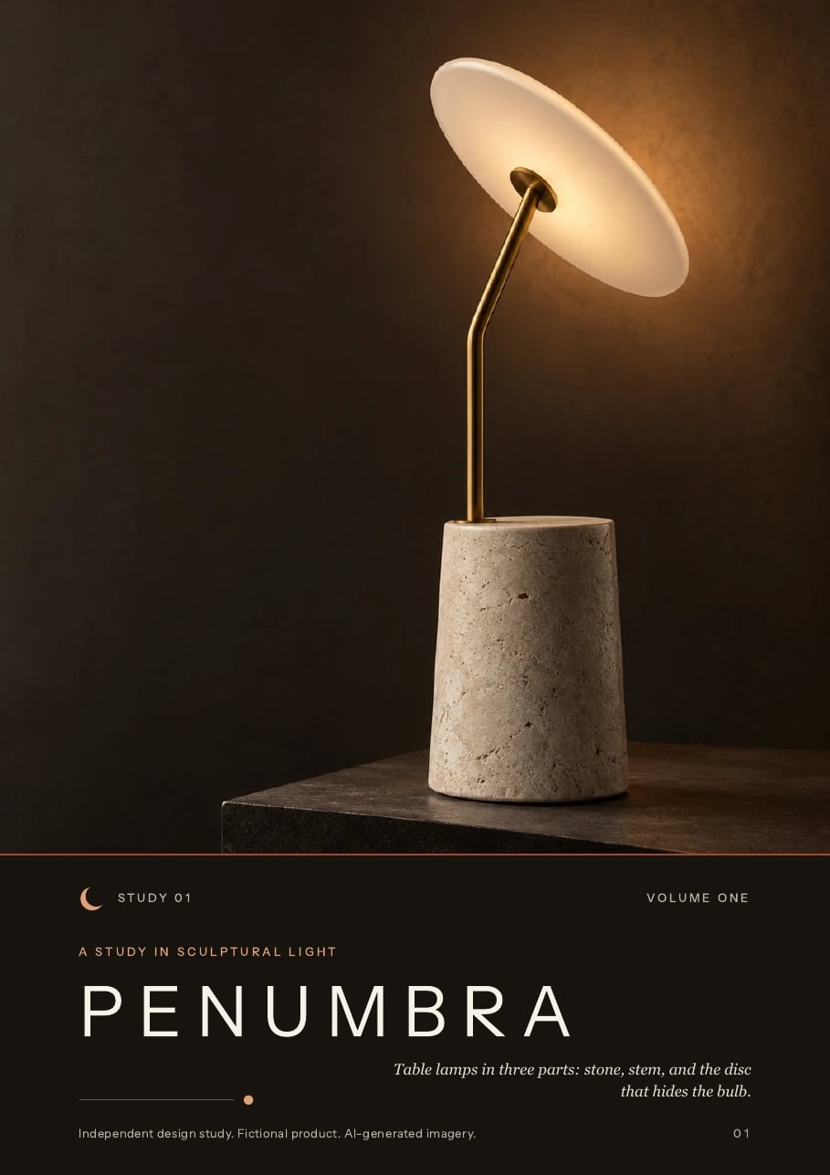PENUMBRA cover, a fictional concept with AI-generated imagery: a sculptural disc lamp on a dark background