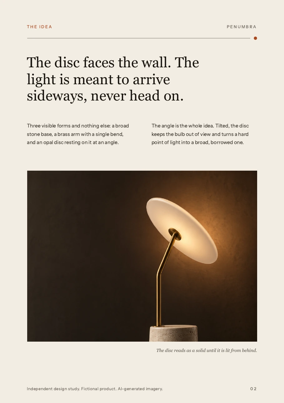 PENUMBRA interior, a fictional concept with AI-generated imagery: editorial typography and a wide lamp image on an ivory page