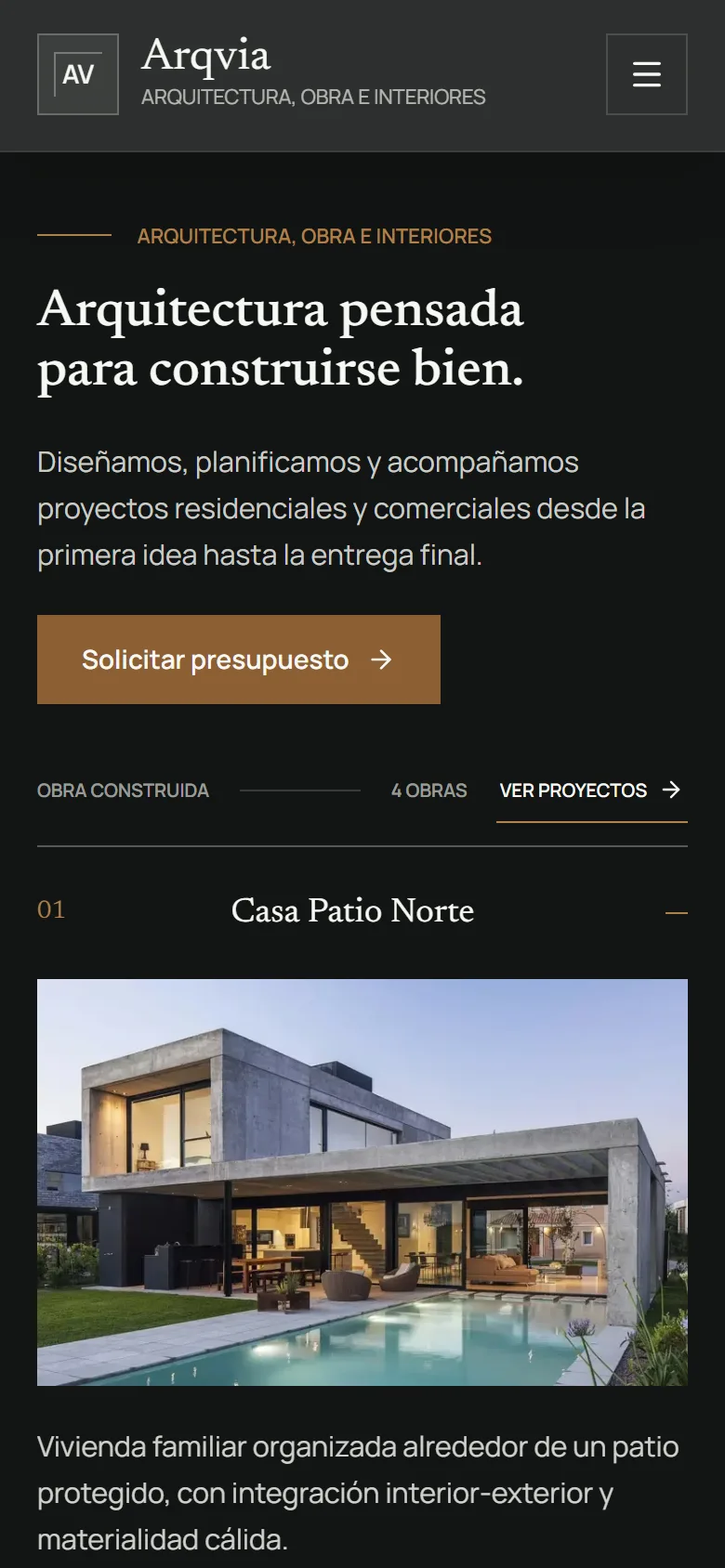 Arqvia homepage on a phone: the studio's headline and the first work of the index