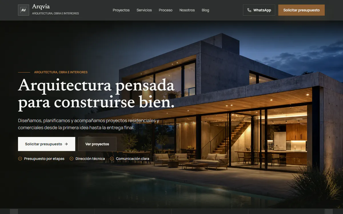 Arqvia homepage showing a contemporary concrete residence and project inquiry actions