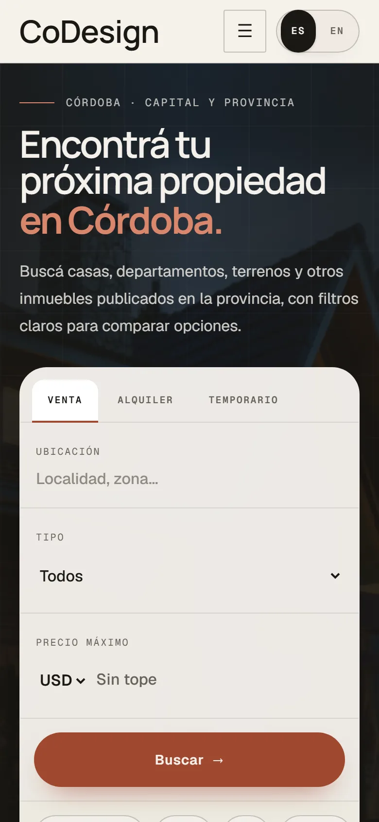 Portada de CoDesign en un teléfono: el título y el buscador apilados para usar con una mano