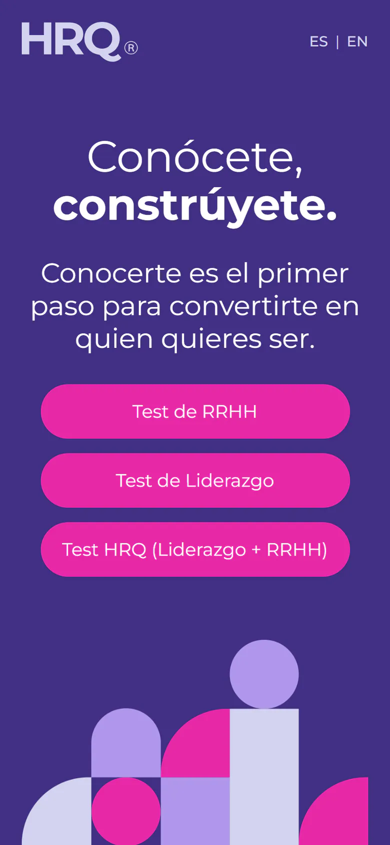 HR Quotient homepage on a phone: the headline and the three tests stacked in one column