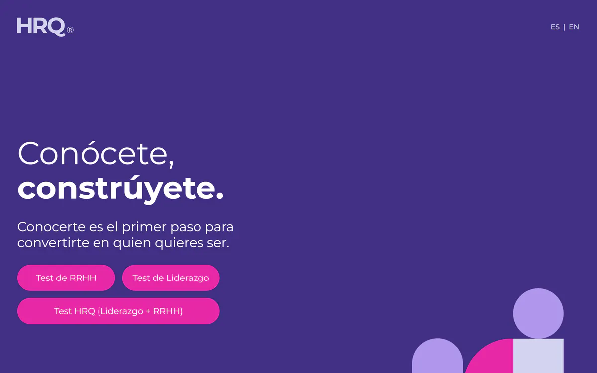 HR Quotient homepage on desktop: the platform's proposition on a violet ground and the three tests as entry points