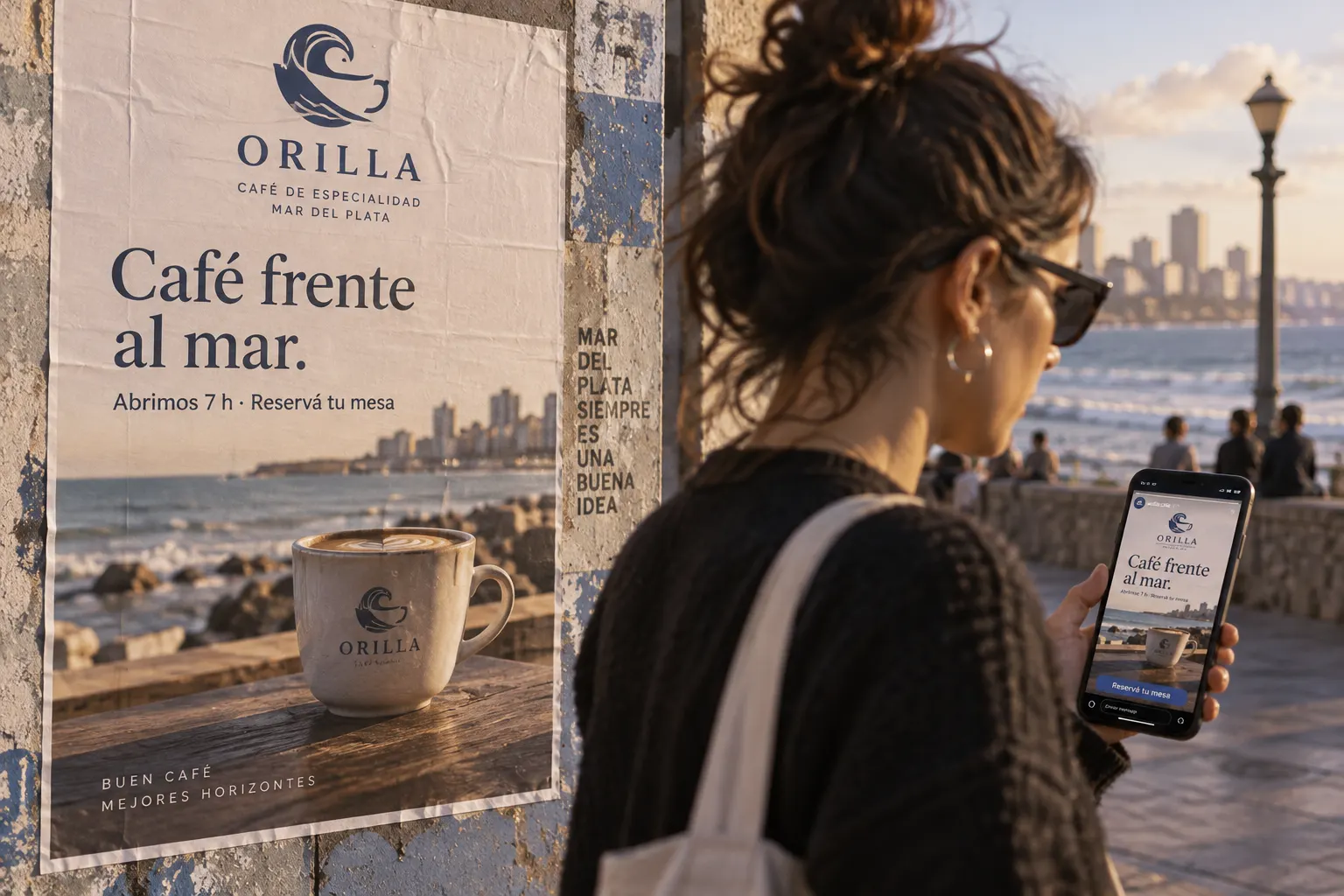 Un afiche de Orilla en una pared de Mar del Plata y una mujer que mira el mismo anuncio en su celular