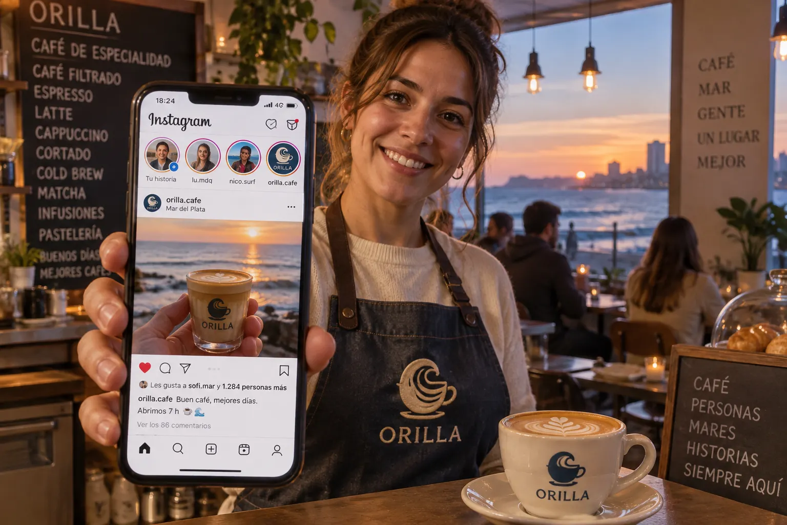Una barista de Orilla muestra en su celular el feed de Instagram del café, con historias y una publicación