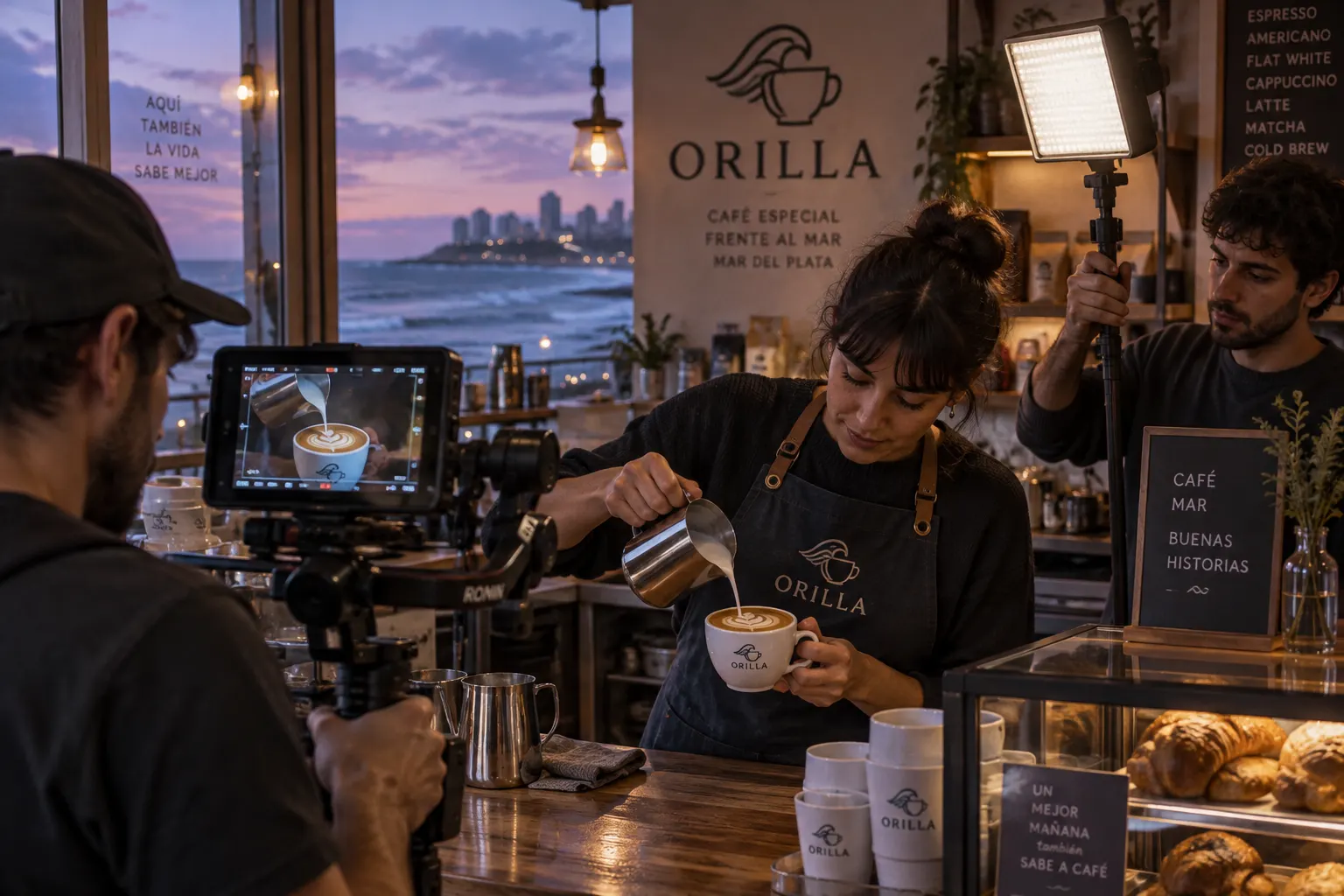 Un equipo filma a una barista de Orilla sirviendo arte latte, con el cuadro en el monitor de la cámara