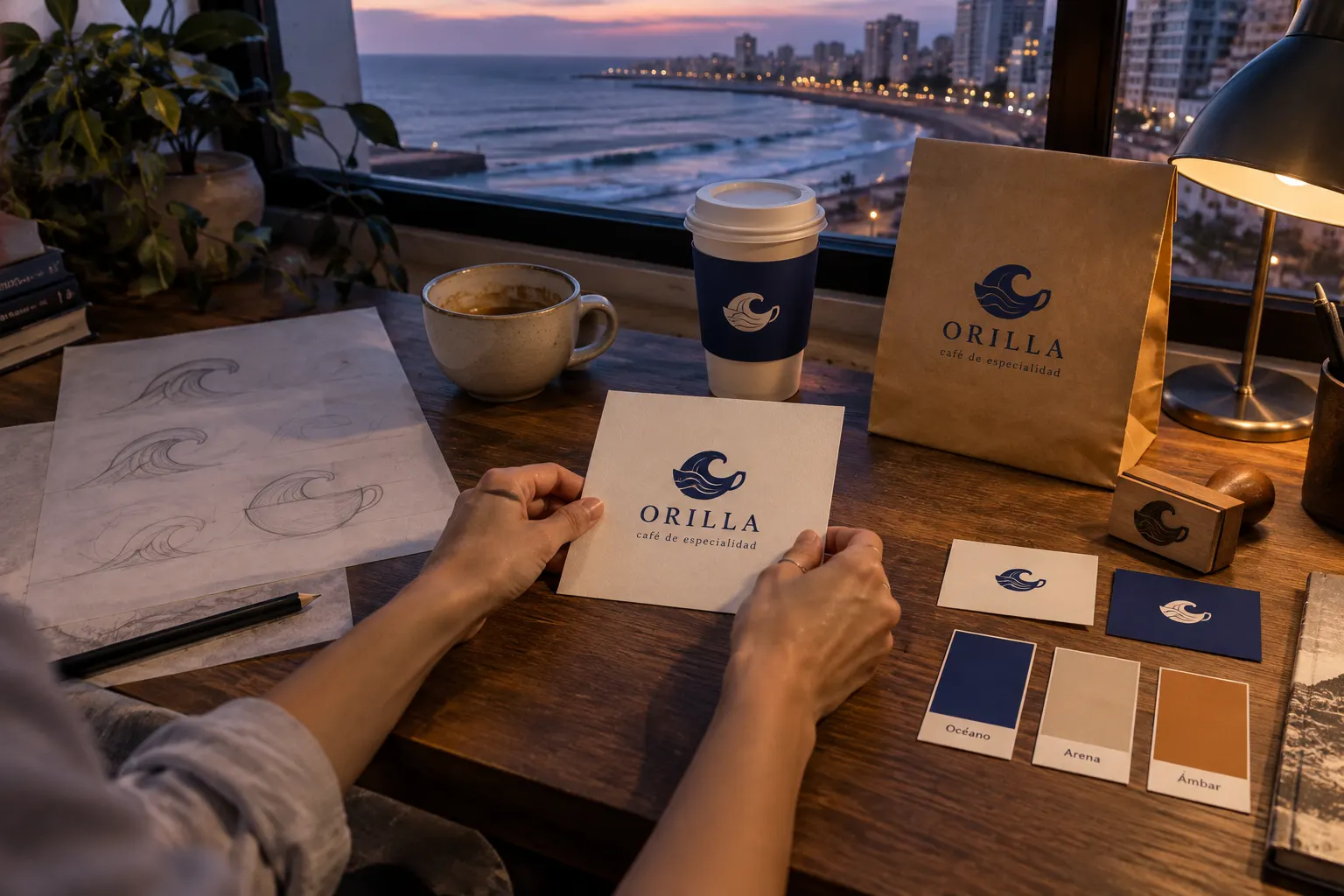 Las manos de una diseñadora presentan el logo de Orilla junto a los bocetos, el vaso, la bolsa, el sello y la paleta