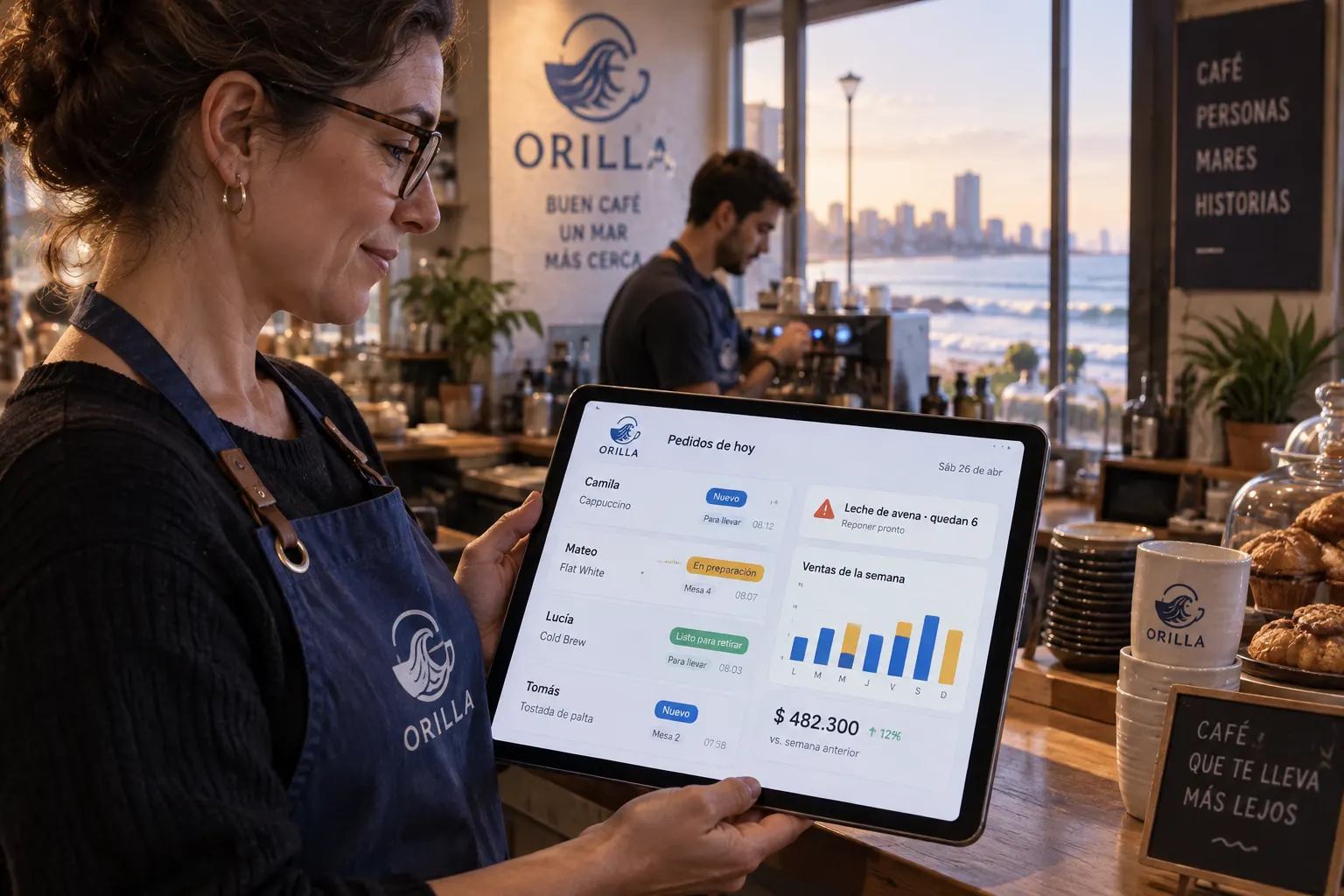 La dueña de Orilla revisa en una tablet los pedidos del día, sus estados y las ventas de la semana